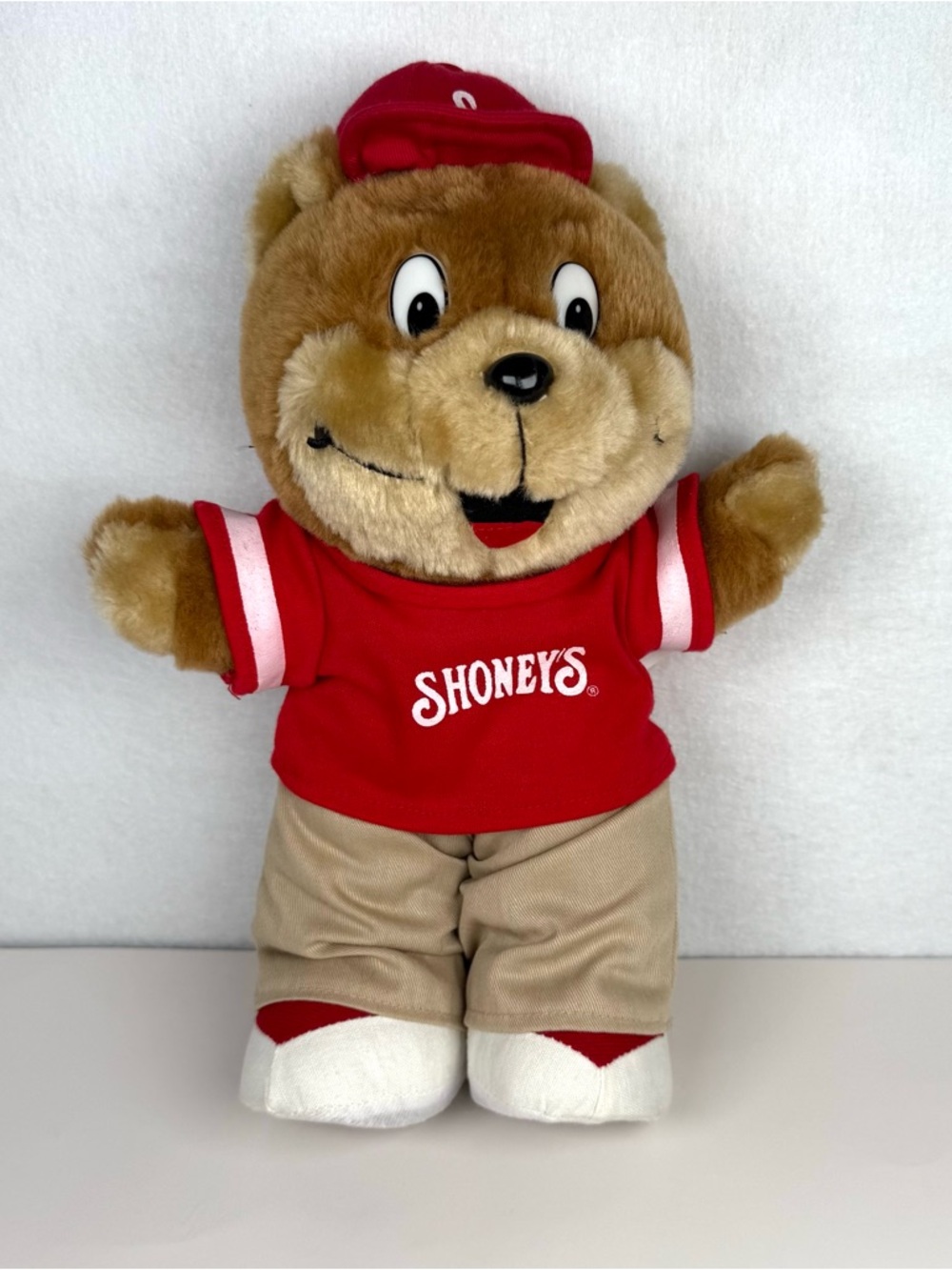 Shoneys Bear Restaurant Mascot Plush Stuffed Toy Promo Red Logo Shirt Cap 12”